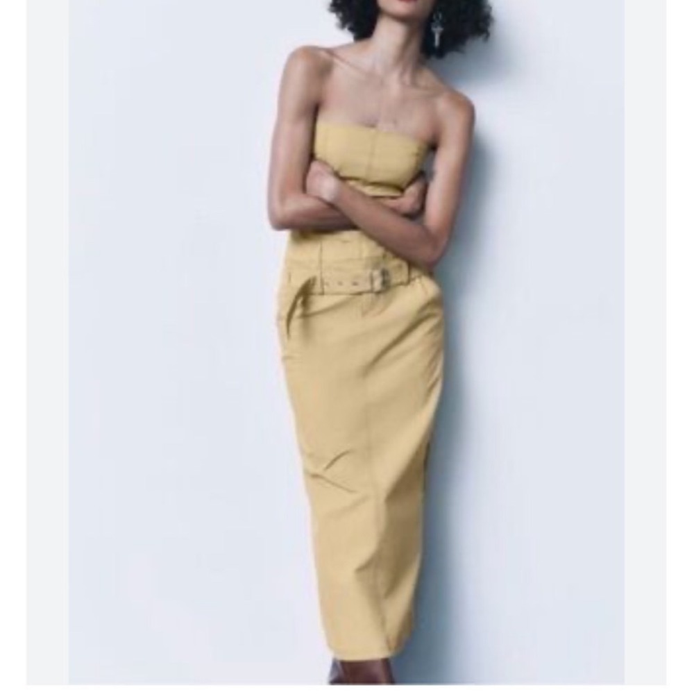 Zara Strapless Cargo Dress Size Medium NWT Belted Utility Midi Dress - Picture 4 of 16